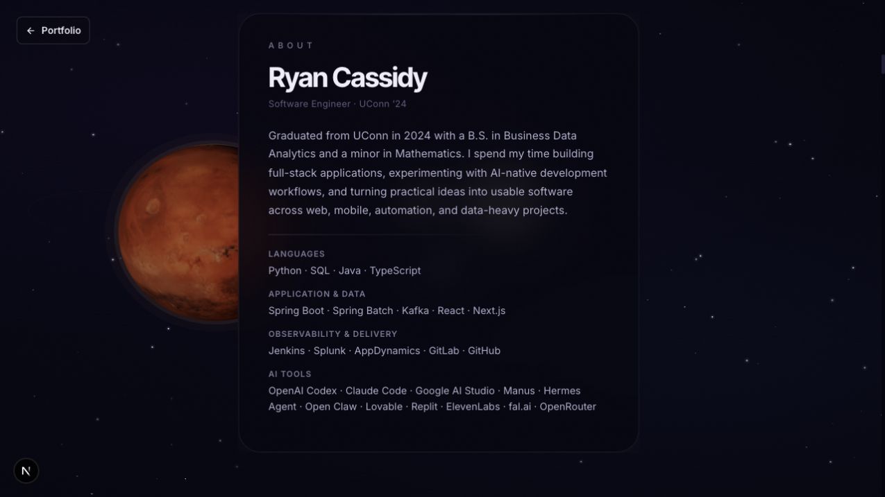 The About panel is anchored near Mars while the camera continues through the portfolio Journey.