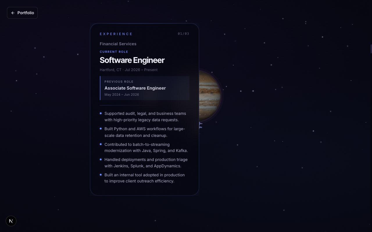 At roughly 20 percent progress, the Financial Services career card and the WebGL scene are driven by the same shared scroll signal.