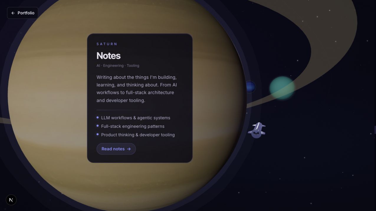 Saturn's rings frame a real HTML Notes panel rather than text rendered into a WebGL texture.