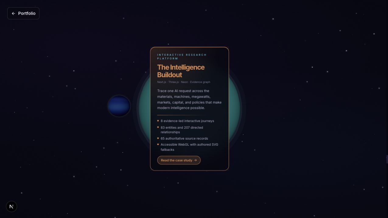 A CMS-selected project card appears during the Uranus flyby without hard-coding the project into the WebGL scene.